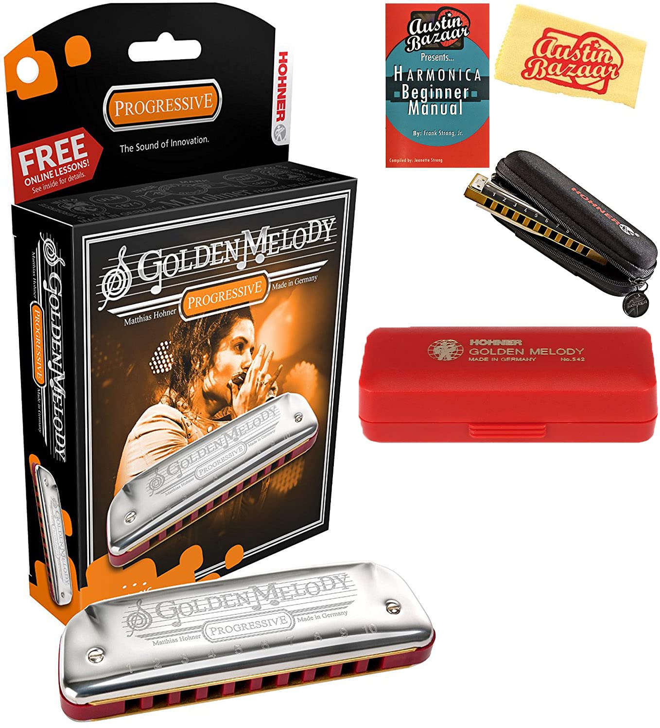 Комплект губной гармошки Hohner 542 Golden Melody с футляром для переноски, чехлом, руководством для начинающих по использованию губной гармошки и салфеткой для полировки Austin Bazaar — тональность Ля
Комплект губной гармошки Hohner 542 Golden Melody с футляром для переноски, чехлом, руководством для начинающих по использованию губной гармошки и салфеткой для полировки Austin Bazaar — тональность Ля