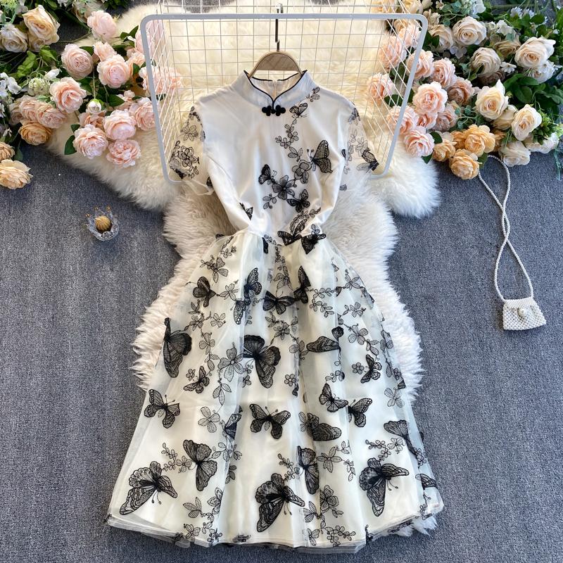RUGOD 2022 Новое ретро улучшенное платье Cheongsam с воротником для тяжелой промышленности, вышивкой и бабочкой, с короткими рукавами и талией, свободное платье