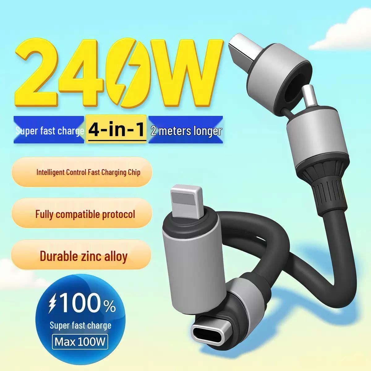 Silicone 4-in-1 Fast Charging Cable for Apple & Huawei Phones/Tablets 1 meter
Silicone 4-in-1 Fast Charging Cable for Apple & Huawei Phones/Tablets 1 meter