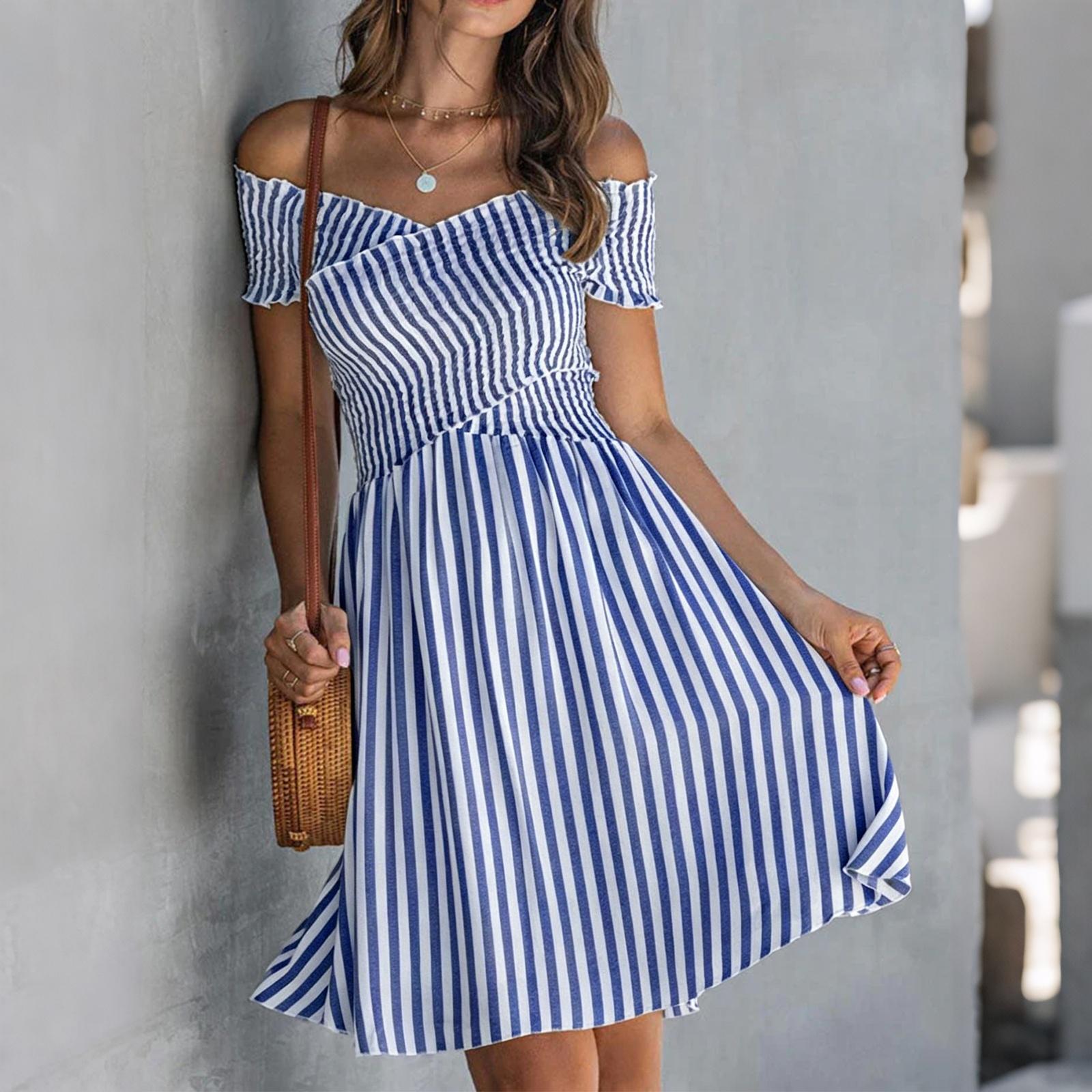Off Shoulder Striped Dress Women Short Sleeve Elastic Waist Casual Summer Knee Length Dress with Ruffled Hem M синій
Off Shoulder Striped Dress Women Short Sleeve Elastic Waist Casual Summer Knee Length Dress with Ruffled Hem M синій