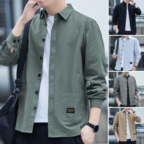 Мужская осенняя рубашка с двойными карманами, сплошной цвет с длинными рукавами и отложным воротником, свободные теплые однобортные повседневные осенние топы в корейском стиле для повседневной носки 3XL темно-серого