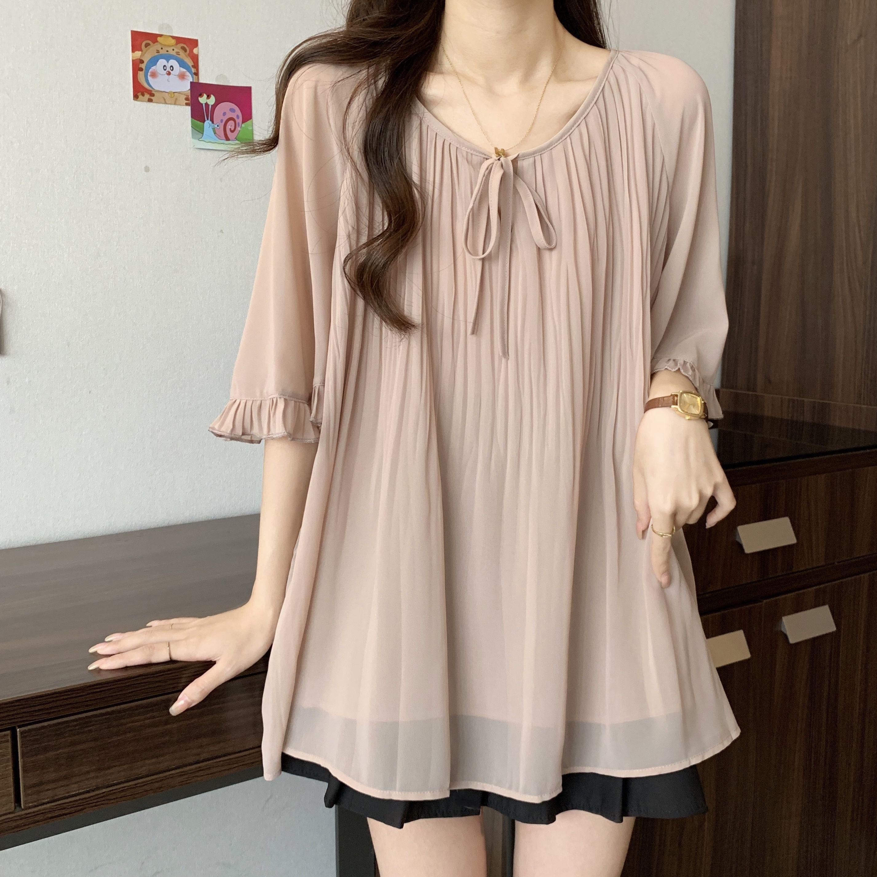 Plus Size Summer French Style Midi Shirt Women s Fashion Slimming Short Sleeve Chiffon Top Round Neck Fly Sleeve Urban Style L
Plus Size Summer French Style Midi Shirt Women s Fashion Slimming Short Sleeve Chiffon Top Round Neck Fly Sleeve Urban Style L