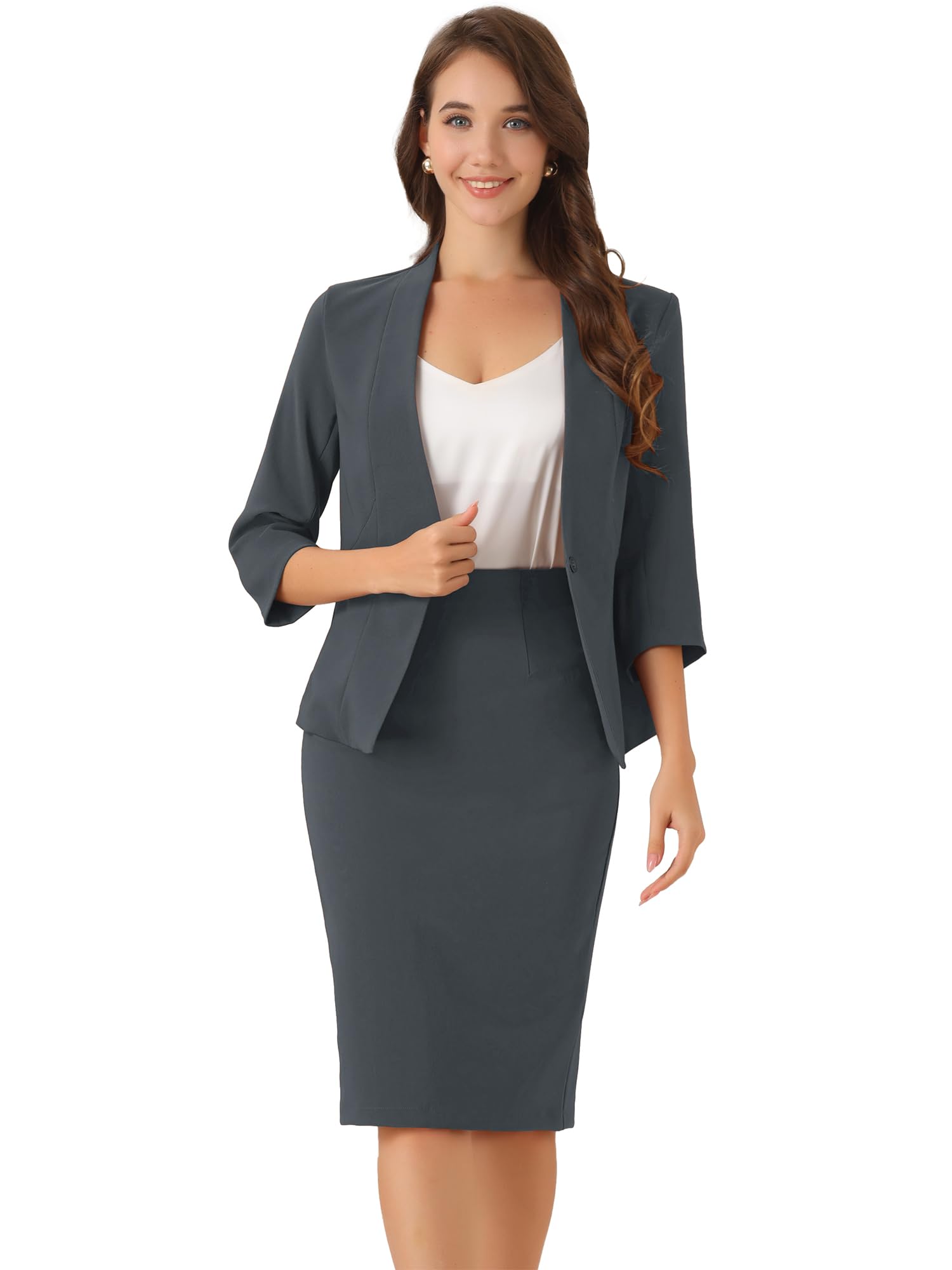Женский деловой костюм и юбка Allegra K, Идеально подходит для офиса или поездок на работу, Блейзер без воротника и юбка-карандаш, Темно-серый, Размер M
Женский деловой костюм и юбка Allegra K, Идеально подходит для офиса или поездок на работу, Блейзер без воротника и юбка-карандаш, Темно-серый, Размер M