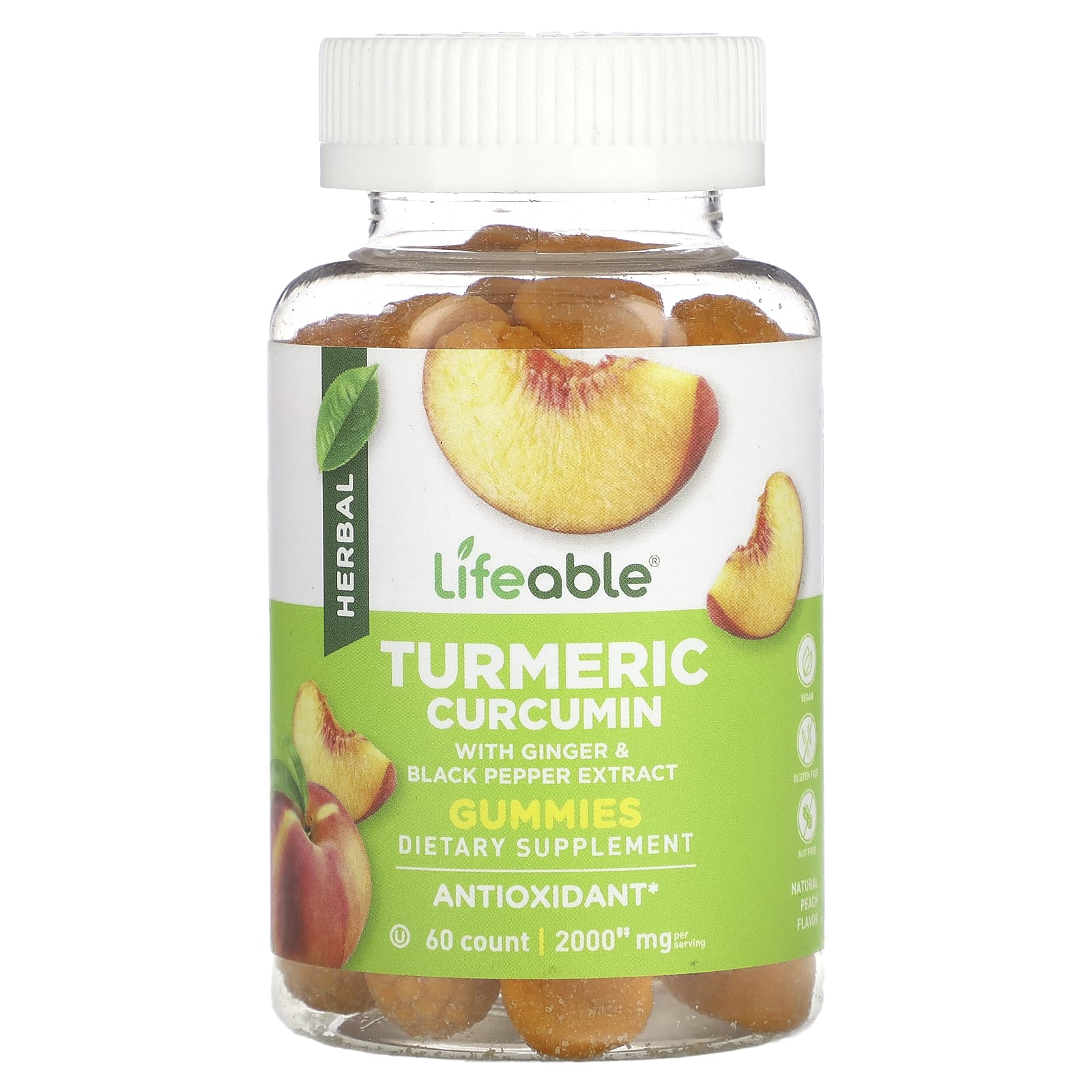 Lifeable, turmeric curcumin gummies, natural peach, 2,000 mg, 60 gummies (1,000 mg per gummy)
Lifeable, turmeric curcumin gummies, natural peach, 2,000 mg, 60 gummies (1,000 mg per gummy)