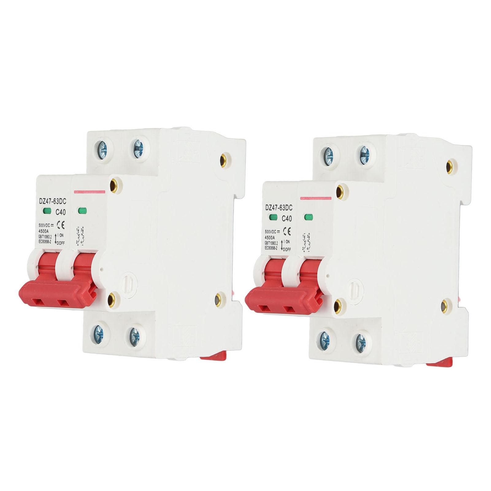 2Pcs Miniature Circuit Breaker 2P 40A DC 500V 4500A Breaking Capacity DIN Rail Mount for Solar PV
2Pcs Miniature Circuit Breaker 2P 40A DC 500V 4500A Breaking Capacity DIN Rail Mount for Solar PV