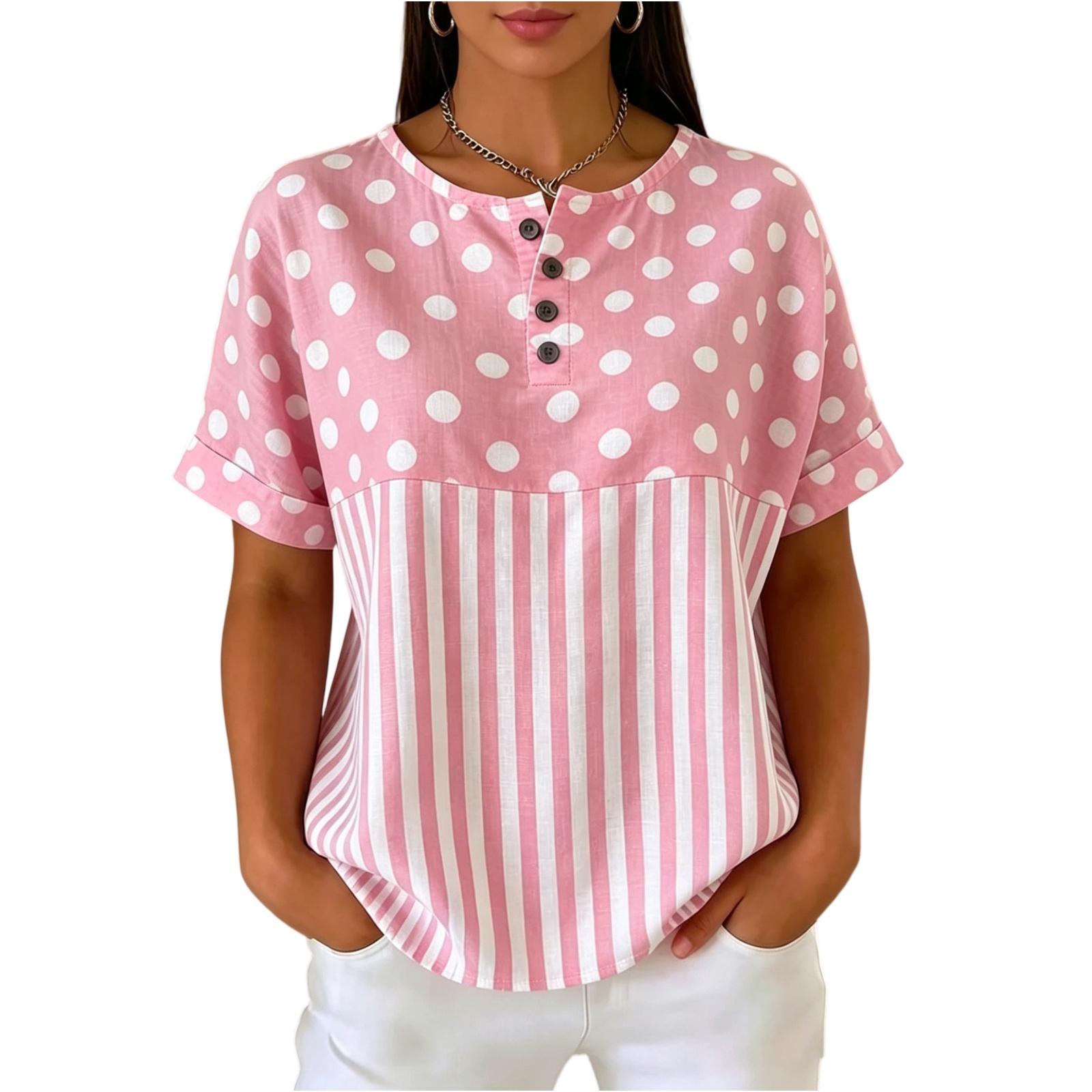 Women s Casual Short Sleeve T-Shirt Round Neck Button Detail Polka Dot and Stripe Print Lightweight Top for Everyday Wear M розовый
Women s Casual Short Sleeve T-Shirt Round Neck Button Detail Polka Dot and Stripe Print Lightweight Top for Everyday Wear M розовый