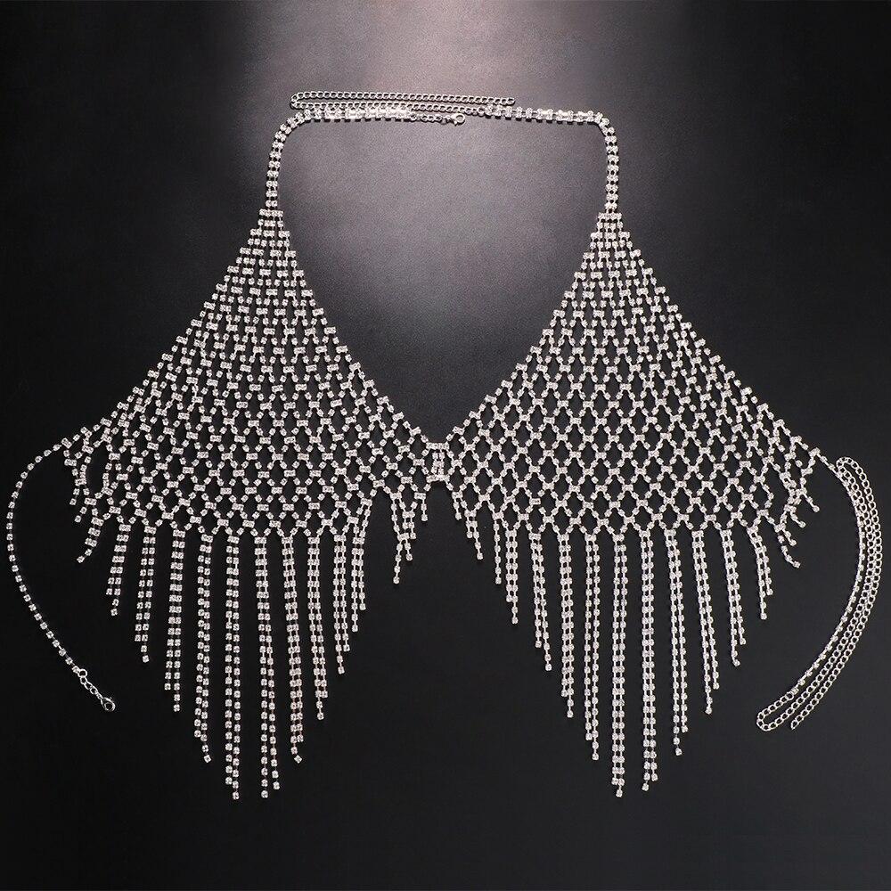 Cheap Mesh Rhinestone Tassel Bra Chain Bikini Body Accessories Festival