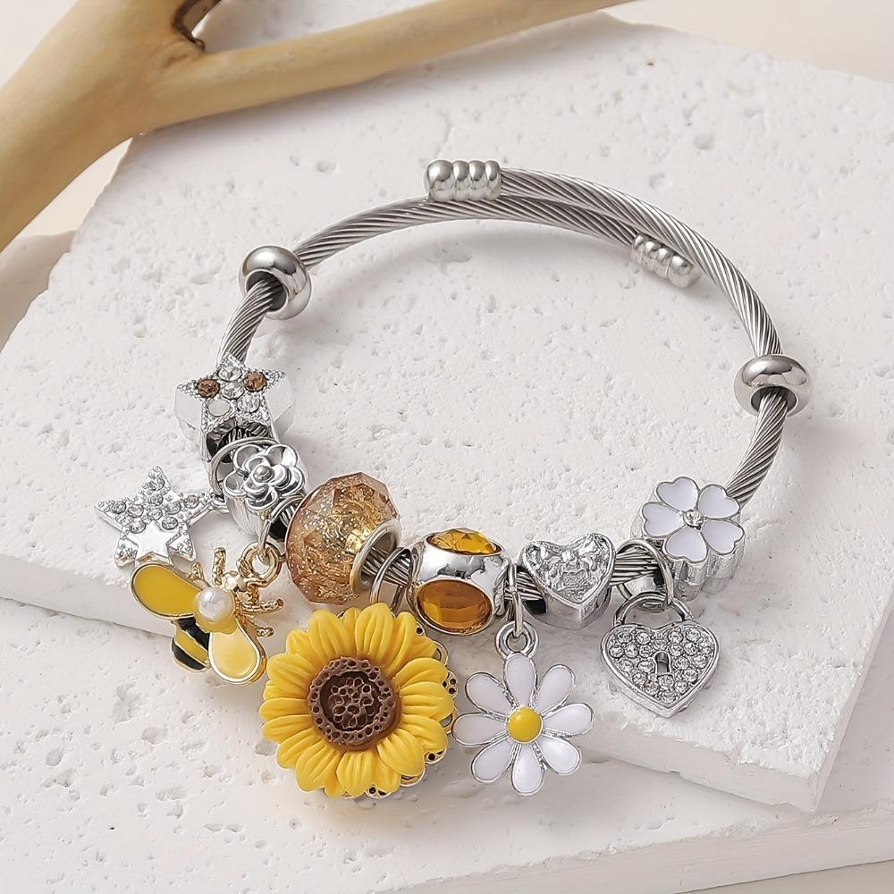 Korean Version Small Fresh Countryside Style Simulation Sunflower Painting Oil Bee Butterfly DIY Stainless Steel Open Bracelet 54-56mm
Korean Version Small Fresh Countryside Style Simulation Sunflower Painting Oil Bee Butterfly DIY Stainless Steel Open Bracelet 54-56mm