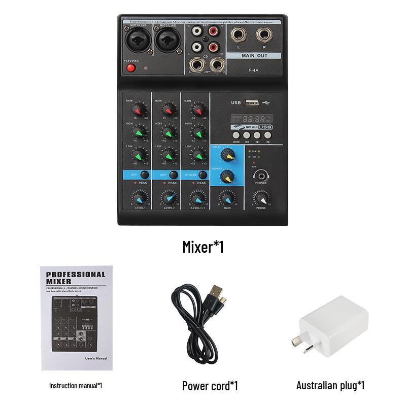 Bluetooth Mini Mixer: 4-Channel Sound Card for Live Broadcast, Singing, and Recording with Reverb.
Bluetooth Mini Mixer: 4-Channel Sound Card for Live Broadcast, Singing, and Recording with Reverb.