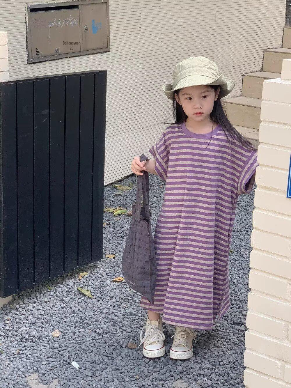 Летние наряды для братьев и сестер 2024 года: Полосатые костюмы для мальчиков и платья для девочек в корейском стиле 110 cm