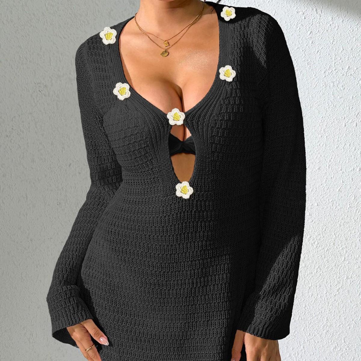 Sexy Deep V Cutout Trumpet Sleeve Beach Cover-up Bikini with Hand-hooked Flower Decoration As An Outer Dress XL чорний
Sexy Deep V Cutout Trumpet Sleeve Beach Cover-up Bikini with Hand-hooked Flower Decoration As An Outer Dress XL чорний