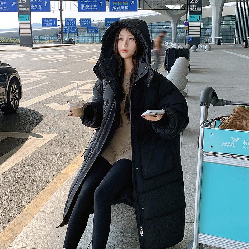 Куртка из хлопка больших размеров, женская, длиной до колена, зимнее однотонное хлопковое пальто с капюшоном, свободная куртка XL чёрный