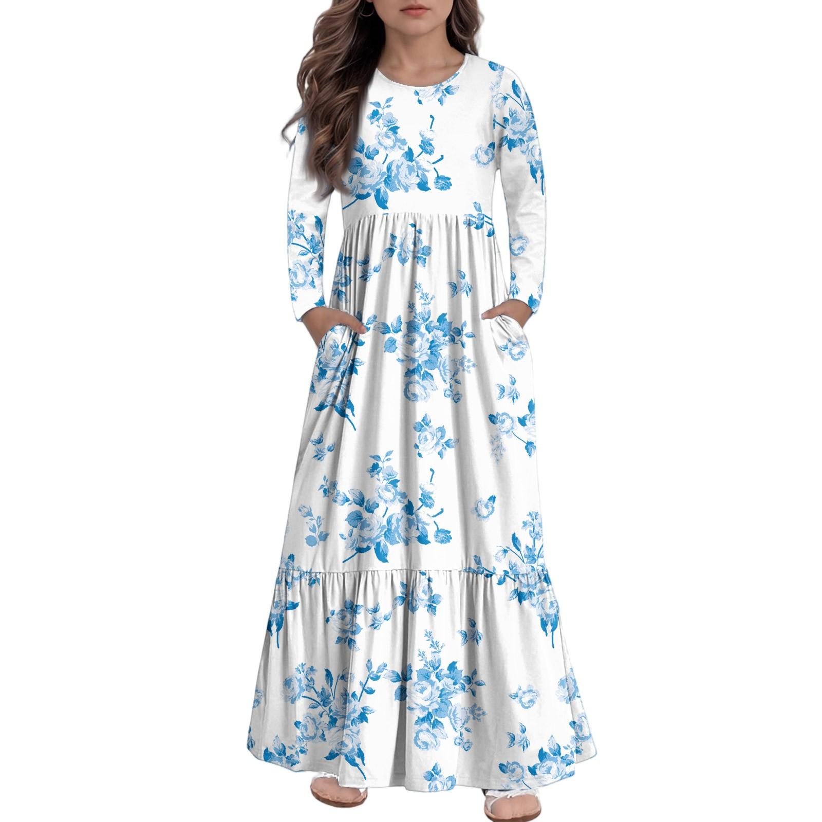 Дівоча сукня максі, повсякденні святкові сукні - сукня з довгим рукавом та кишенями для 4-14 років 120
Дівоча сукня максі, повсякденні святкові сукні - сукня з довгим рукавом та кишенями для 4-14 років 120