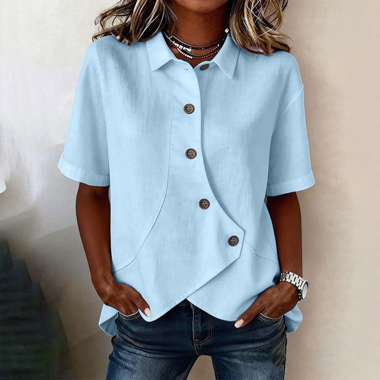 Womens Short Sleeve Button Down Lapel Collar Blouse Asymmetrical Hem Casual Loose Fit Shirt Top for Daily Wear M
Womens Short Sleeve Button Down Lapel Collar Blouse Asymmetrical Hem Casual Loose Fit Shirt Top for Daily Wear M
