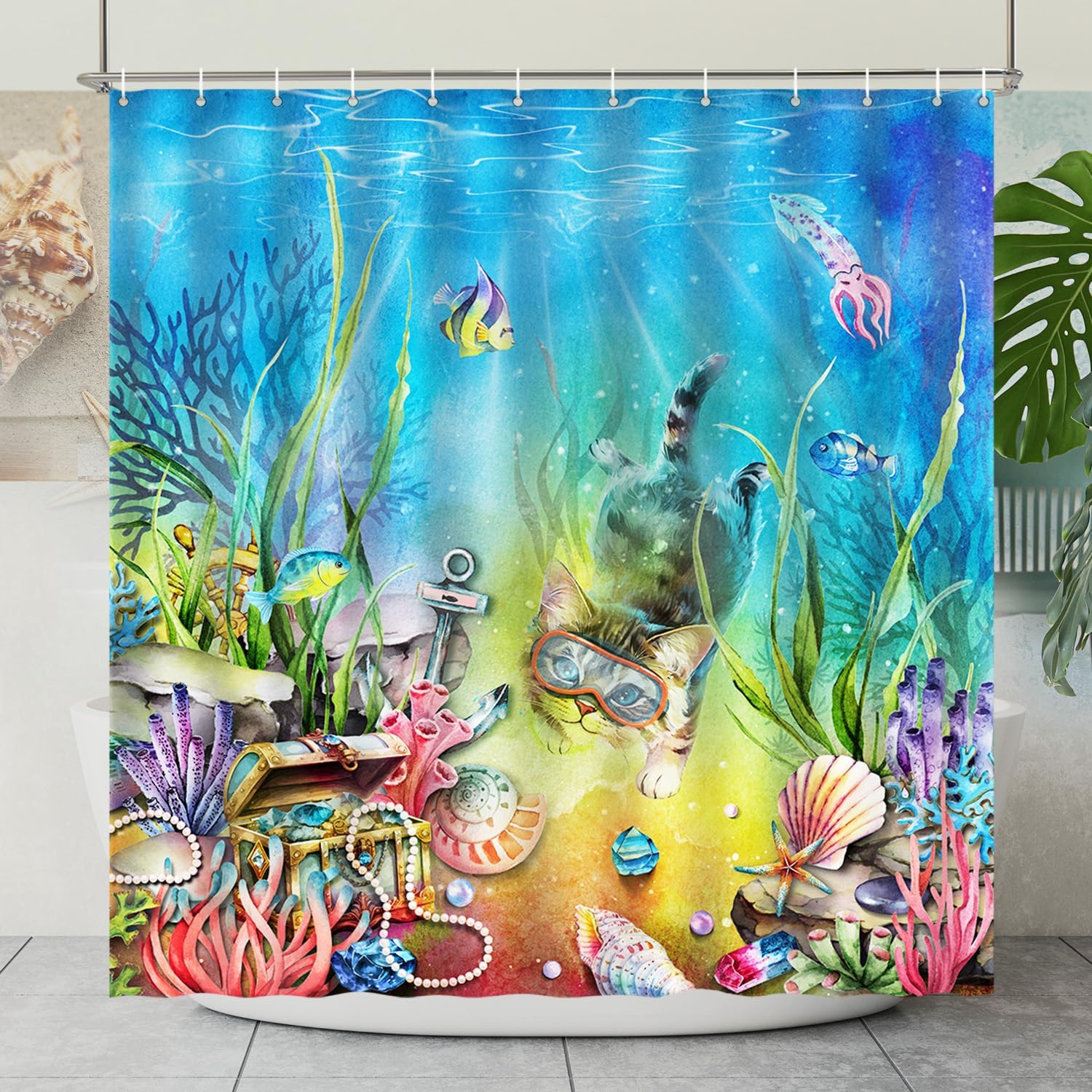 Underwater Cat Shower Curtain Ocean Adventure Fish Coral Reef Treasure Theme Fun Art Bath Decor Waterproof Fabric Home W60H190(CM)-1 Pcs
Underwater Cat Shower Curtain Ocean Adventure Fish Coral Reef Treasure Theme Fun Art Bath Decor Waterproof Fabric Home W60H190(CM)-1 Pcs