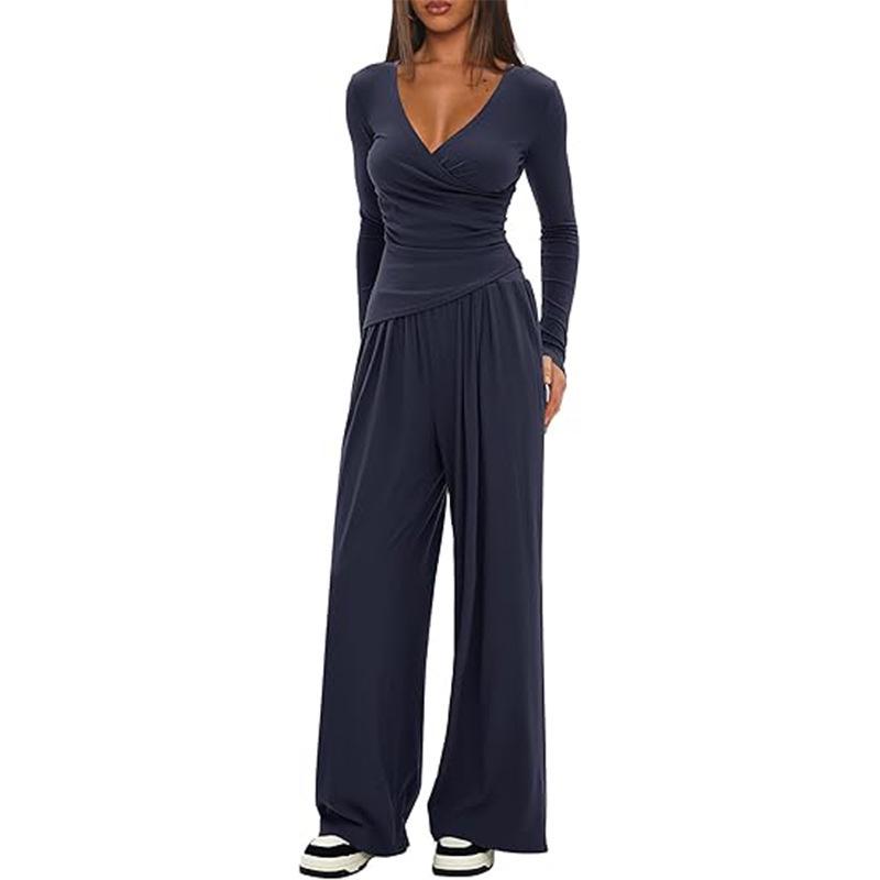 Solid Color V-Neck Long Sleeve Wide Leg Pants Set Medium
Solid Color V-Neck Long Sleeve Wide Leg Pants Set Medium