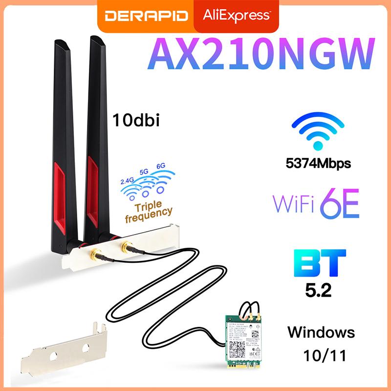 Wi-Fi 6E AX210 Wireless Card 5374Mbps BT5.3 Desktop Kit Antenna 802.11ax Tri-Band 2.4G/5Ghz/6G AX210NGW Better Than Wifi6 AX200
Wi-Fi 6E AX210 Wireless Card 5374Mbps BT5.3 Desktop Kit Antenna 802.11ax Tri-Band 2.4G/5Ghz/6G AX210NGW Better Than Wifi6 AX200