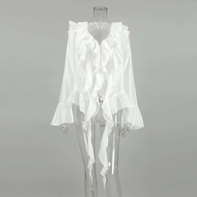 New French style See-through Gas Texture V-neck Bell Sleeve Frill Shirts V-Neck Lotus Leaf Shirt White L
New French style See-through Gas Texture V-neck Bell Sleeve Frill Shirts V-Neck Lotus Leaf Shirt White L