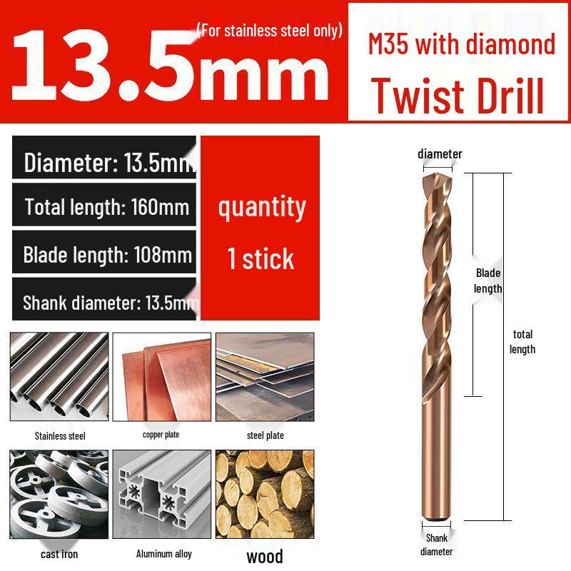 Cobalt Twist Drill Bit for Stainless Steel, Straight Shank, Super Hard, Sizes 13.5-20mm
Cobalt Twist Drill Bit for Stainless Steel, Straight Shank, Super Hard, Sizes 13.5-20mm