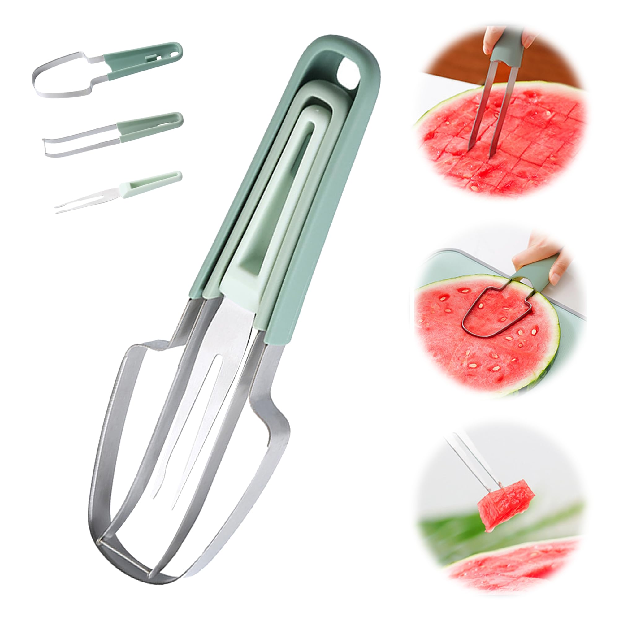 3-in-1 Watermelon Fork Slicer Cutter Stainless Steel Fruit Scooper Tool for Camping Kitchen Gadgets Green
3-in-1 Watermelon Fork Slicer Cutter Stainless Steel Fruit Scooper Tool for Camping Kitchen Gadgets Green