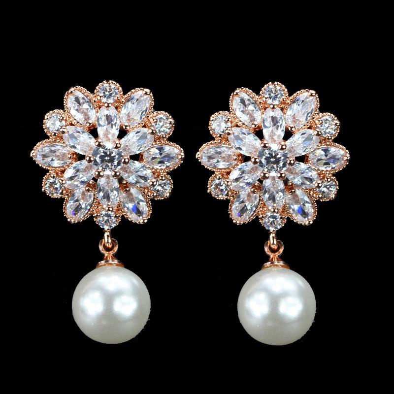 Bridal Earrings, Pearl Zircon Stud Jewelry розового золота
Bridal Earrings, Pearl Zircon Stud Jewelry розового золота