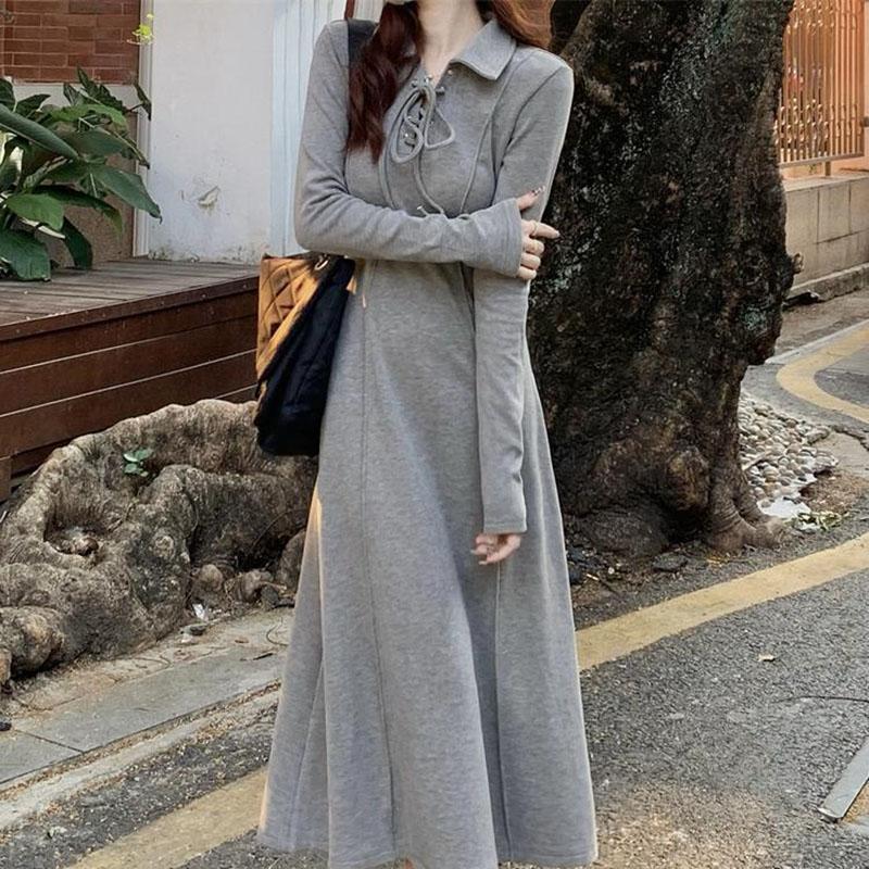 Трикотажное платье Lazy Wind с длинными рукавами, женская осенне-зимняя модная юбка средней длины с тонкой талией и тонкой талией XL серый