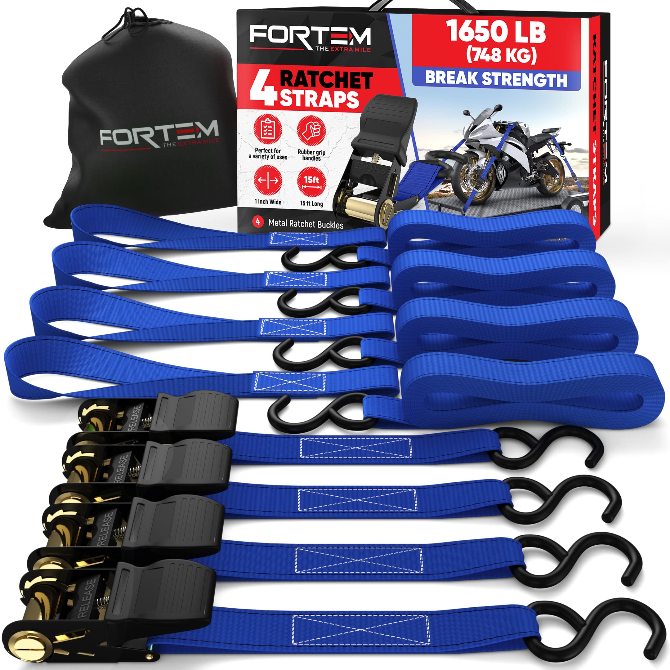FORTEM Ratchet Straps 1650 lbs 4 15 ft Tie Down Strap Set with 4 Coated Metal Hooks and Carry Bag (Blue)
FORTEM Ratchet Straps 1650 lbs 4 15 ft Tie Down Strap Set with 4 Coated Metal Hooks and Carry Bag (Blue)