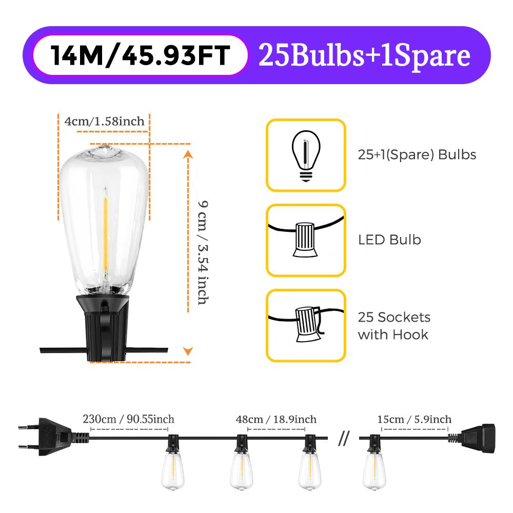14M/26M ST38 светодиодные уличные яркие гирлянды для патио, 25 шт./50 шт. IP44 винтажные лампочки, ретро подключаемая лампа для сада, балкона EU Plug
14M/26M ST38 светодиодные уличные яркие гирлянды для патио, 25 шт./50 шт. IP44 винтажные лампочки, ретро подключаемая лампа для сада, балкона EU Plug