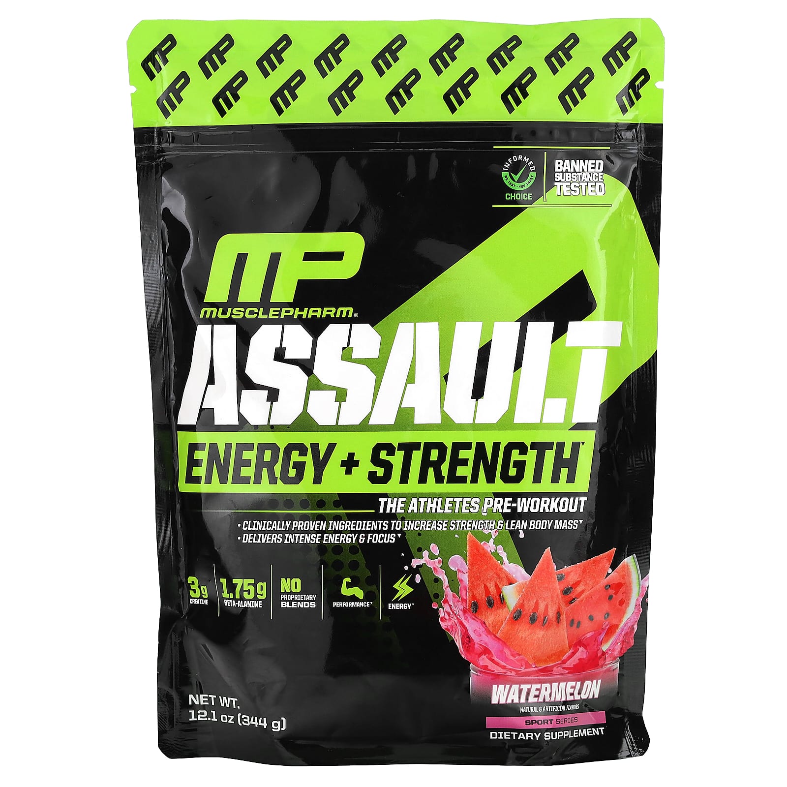 MusclePharm, Assault Energy + Strength, Pre-Workout Supplement, Watermelon, 12.1 oz (344 g)
MusclePharm, Assault Energy + Strength, Pre-Workout Supplement, Watermelon, 12.1 oz (344 g)