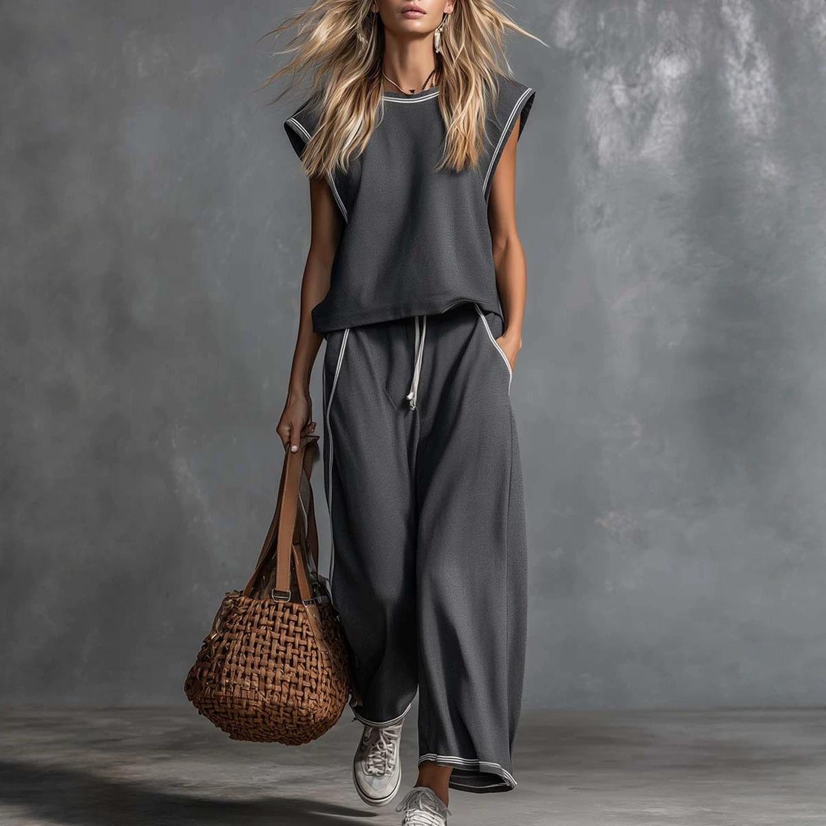 women s Contrast Trim Sleeveless Round Neck Tank Top Drawstring Wide Leg Pants 2 Piece Casual Tracksuit Outfit 2XL
women s Contrast Trim Sleeveless Round Neck Tank Top Drawstring Wide Leg Pants 2 Piece Casual Tracksuit Outfit 2XL