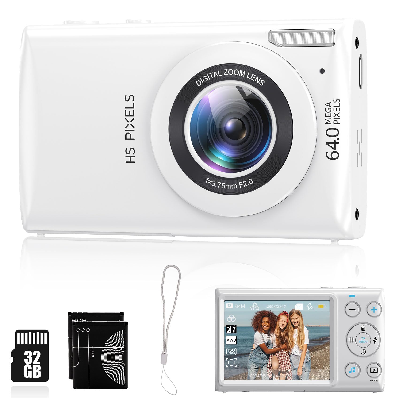 Digital Digital 1080P Video Auto Image Inch Large Time Slow Spare Battery School 32g Card Included Camera, 64MP, Camera, Recording, Focus, білий
Digital Digital 1080P Video Auto Image Inch Large Time Slow Spare Battery School 32g Card Included Camera, 64MP, Camera, Recording, Focus, білий