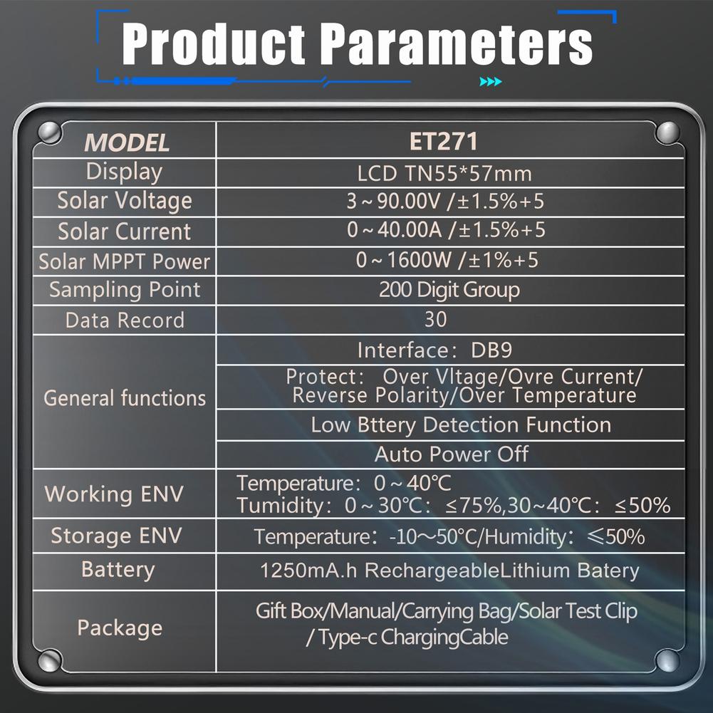 ET271 Photovoltaic Module Analyzer with 200 Sampling Points and DB9 Interface for Detailed Solar Panel Data Logging China Mainland
ET271 Photovoltaic Module Analyzer with 200 Sampling Points and DB9 Interface for Detailed Solar Panel Data Logging China Mainland