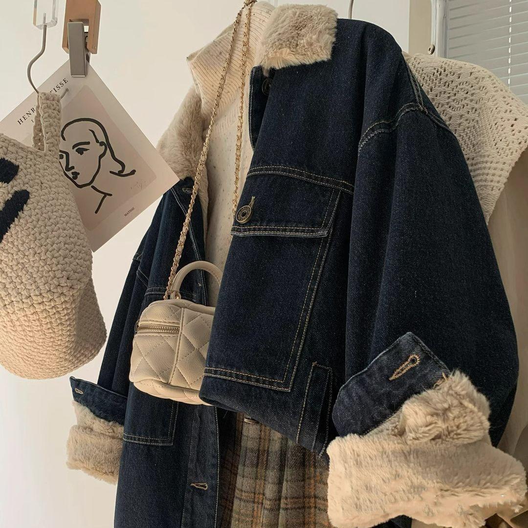 Плотная вельветовая джинсовая куртка хлопковое пальто женская осенне-зимняя новая в гонконгском стиле ретро куртка из овечьей шерсти топ S