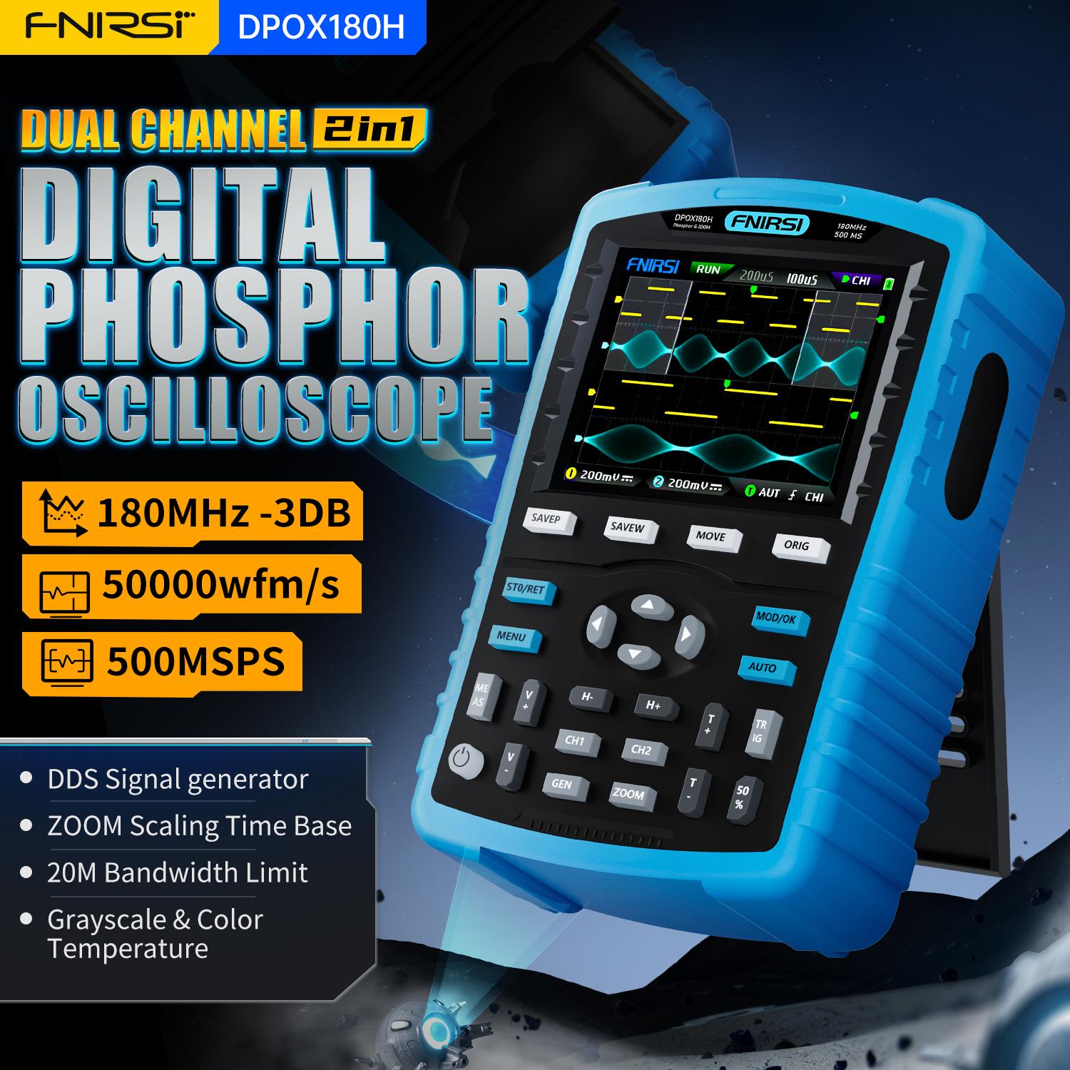 FNIRSI DPOX180H Ручной двухканальный цифровой осциллограф 180 МГц-3DB 2 в 1 Функция генератора сигналов Флуоресцентный дисплей ZOOM
FNIRSI DPOX180H Ручной двухканальный цифровой осциллограф 180 МГц-3DB 2 в 1 Функция генератора сигналов Флуоресцентный дисплей ZOOM