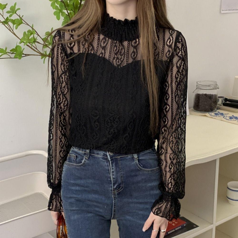 Half High Collar Lace Flower Top Women See Through Lace Mesh Bottoming T-shirts Summer L білий
Half High Collar Lace Flower Top Women See Through Lace Mesh Bottoming T-shirts Summer L білий