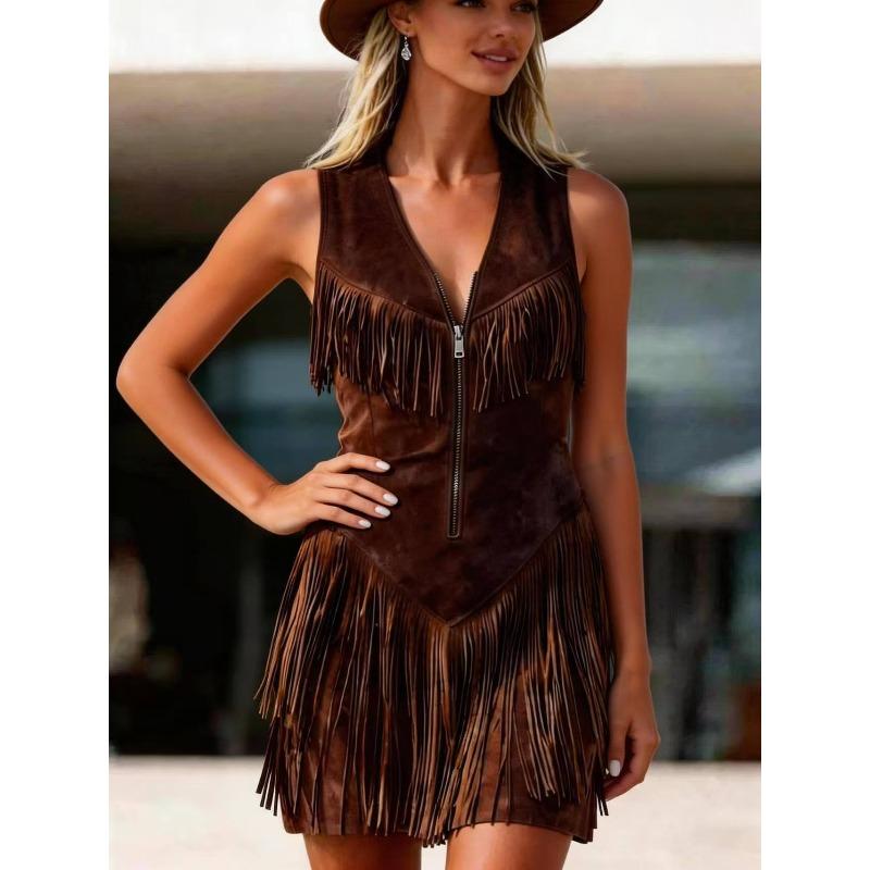 New retro western style fringed suede sleeveless slim zipper dress women S темно-коричневого
New retro western style fringed suede sleeveless slim zipper dress women S темно-коричневого