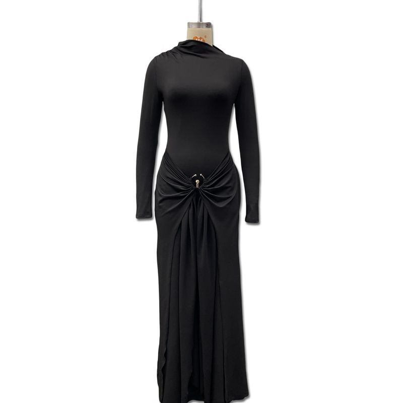 European and American Women s Clothing Autumn and Winter New Style Elegant Solid Color Long-Sleeved Metal Ring Buckle Slim-Fit Tie-Up Dress for Women Black S
European and American Women s Clothing Autumn and Winter New Style Elegant Solid Color Long-Sleeved Metal Ring Buckle Slim-Fit Tie-Up Dress for Women Black S