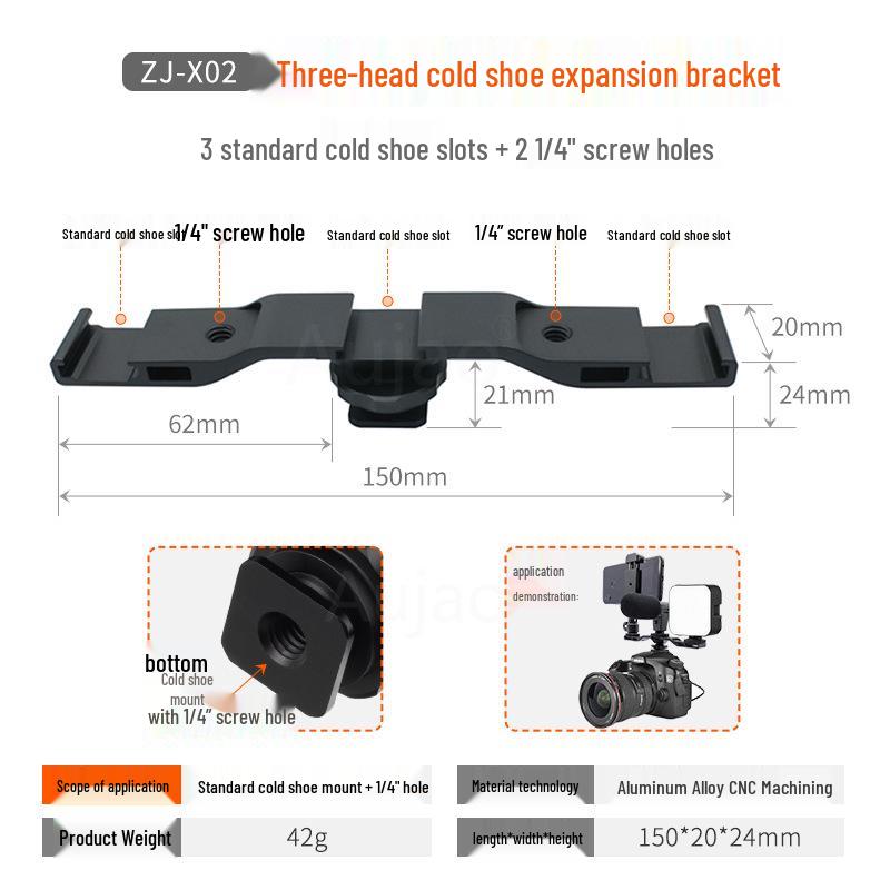 Multi-head Metal Hot/Cold Shoe Mount Base for DSLR/Mirrorless Cameras - Expands Interface for Mic, Flash, Light, or Tripod.
Multi-head Metal Hot/Cold Shoe Mount Base for DSLR/Mirrorless Cameras - Expands Interface for Mic, Flash, Light, or Tripod.
