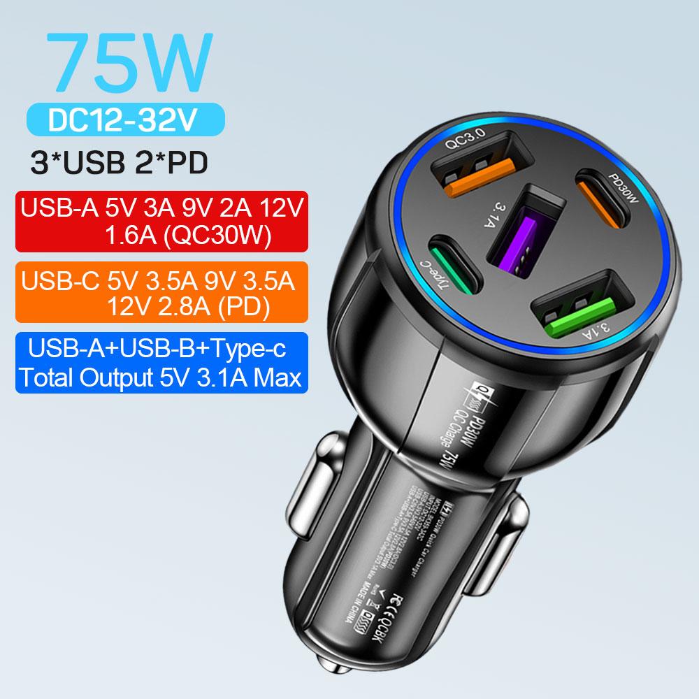 75W USB Car Charger 5 Port QC3.0 PD Type C Fast Charging Cigarette Lighter Universal Adapter for IPhone Xiaomi Samsung
75W USB Car Charger 5 Port QC3.0 PD Type C Fast Charging Cigarette Lighter Universal Adapter for IPhone Xiaomi Samsung
