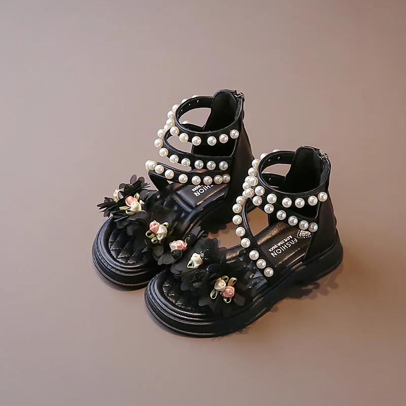 Сандалии для девочек 2024 года, летние новые туфли принцессы в стиле цветочной феи для вечеринки, свадьбы, показа, модные элегантные пляжные туфли с мягкой подошвой 29