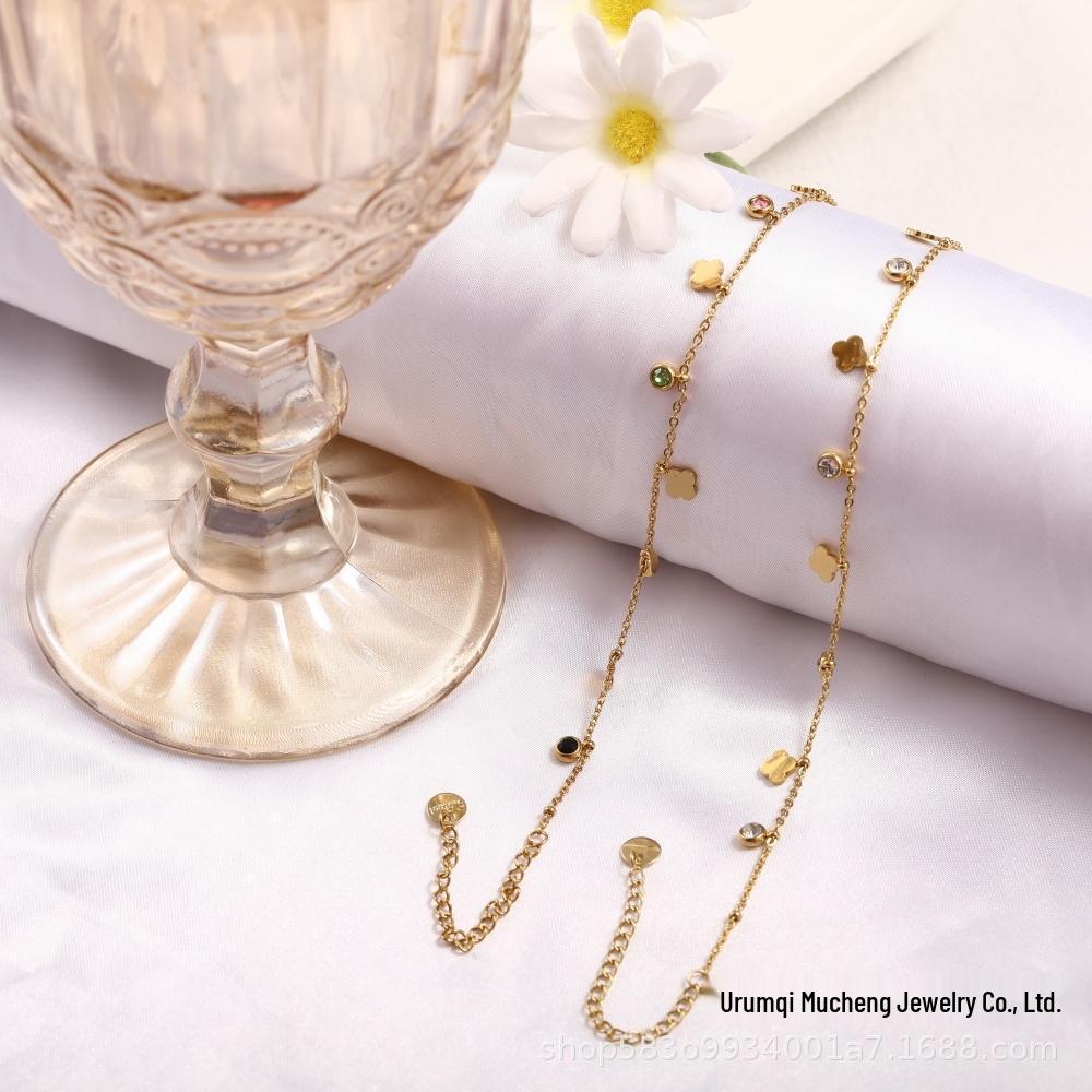 Luxurious Double-Layer Four-Leaf Clover Zircon Bracelet for Women, Stainless Steel Elegant Versatile Jewelry Colorful Zircon - 18+5cm
Luxurious Double-Layer Four-Leaf Clover Zircon Bracelet for Women, Stainless Steel Elegant Versatile Jewelry Colorful Zircon - 18+5cm
