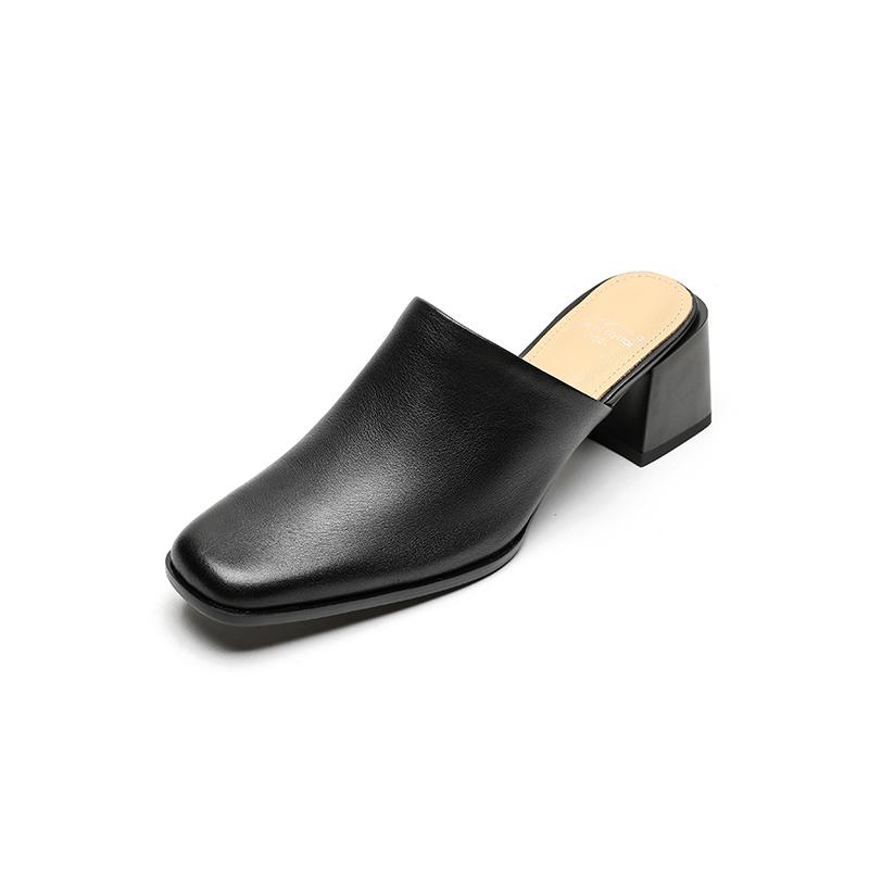 Мода 2025 Новая Натуральная Кожа Модная Обувь Женские Клинья Высокий Каблук Квадратный Носок Мюли Тапочки Дамская Офисная Платье Обувь Сандалии 34 чёрный