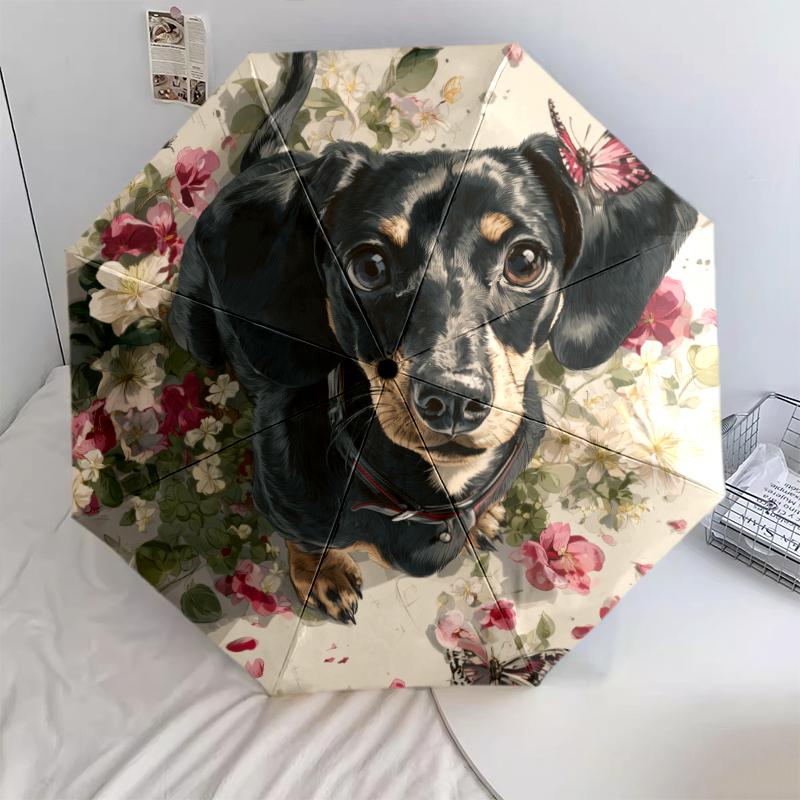 Dachshund and Flower pattern, automatic folding umbrella, portable and foldable design, 8 ribs, a Christmas or birthday gift.
Dachshund and Flower pattern, automatic folding umbrella, portable and foldable design, 8 ribs, a Christmas or birthday gift.