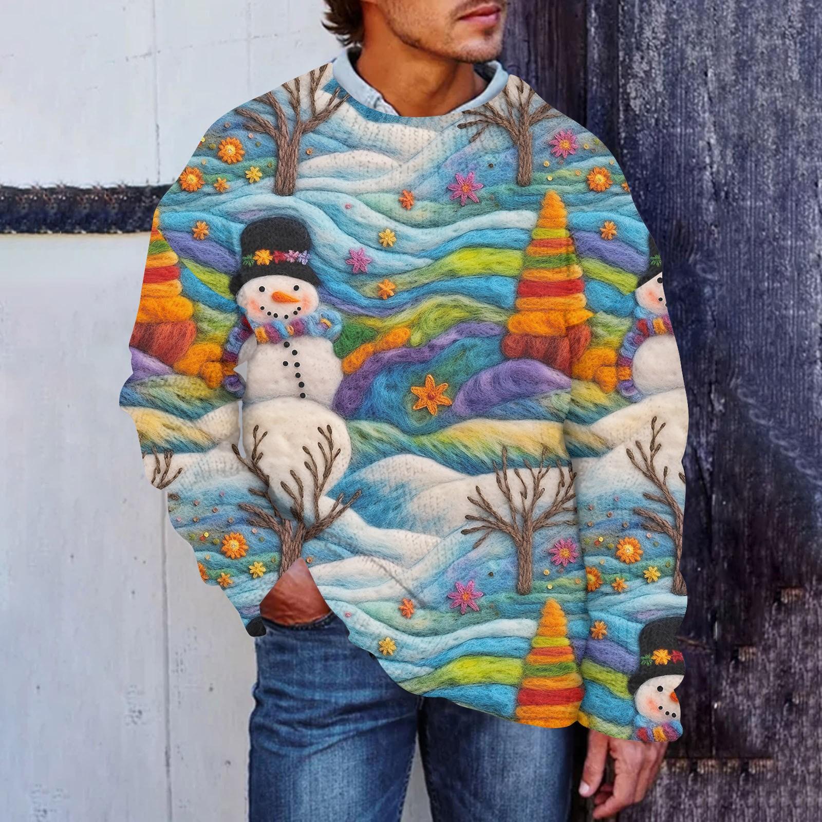 Мужской рождественский принт, искусственный свитер, толстовка с круглым вырезом, свободный топ с длинными рукавами XXL синий