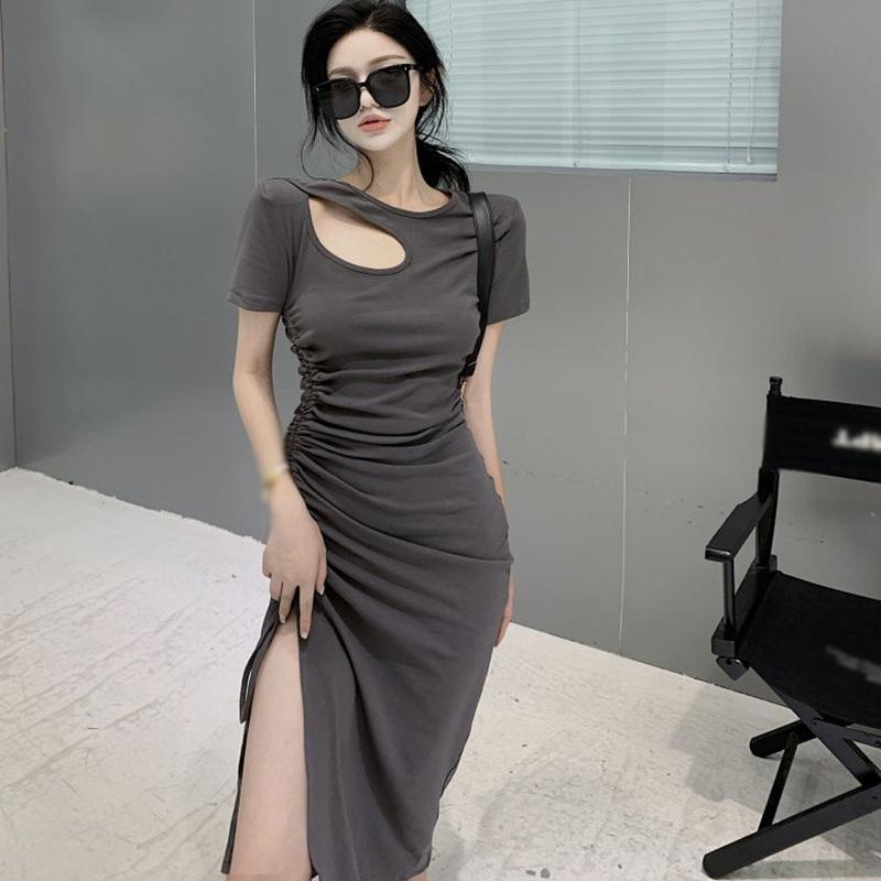 Женское платье-туника на шнурке, женское летнее тонкое платье средней длины с разрезом M серый