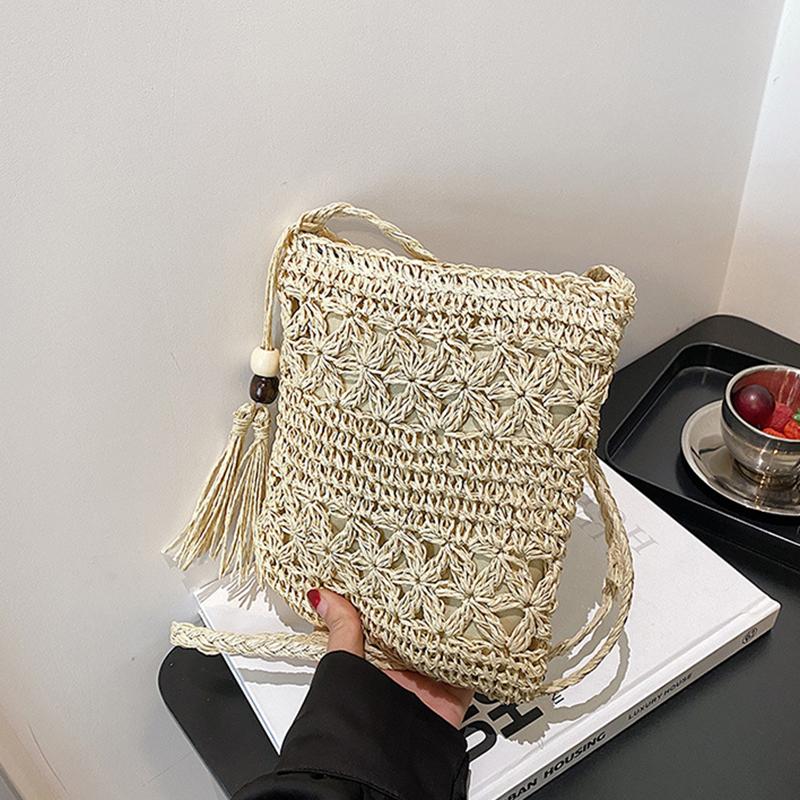 Женская пляжная плетеная соломенная сумка-мессенджер с кисточкой в стиле бохо, ажурная вязаная крючком сумка через плечо, клатч, кошелек 21x1x21cm бежевый