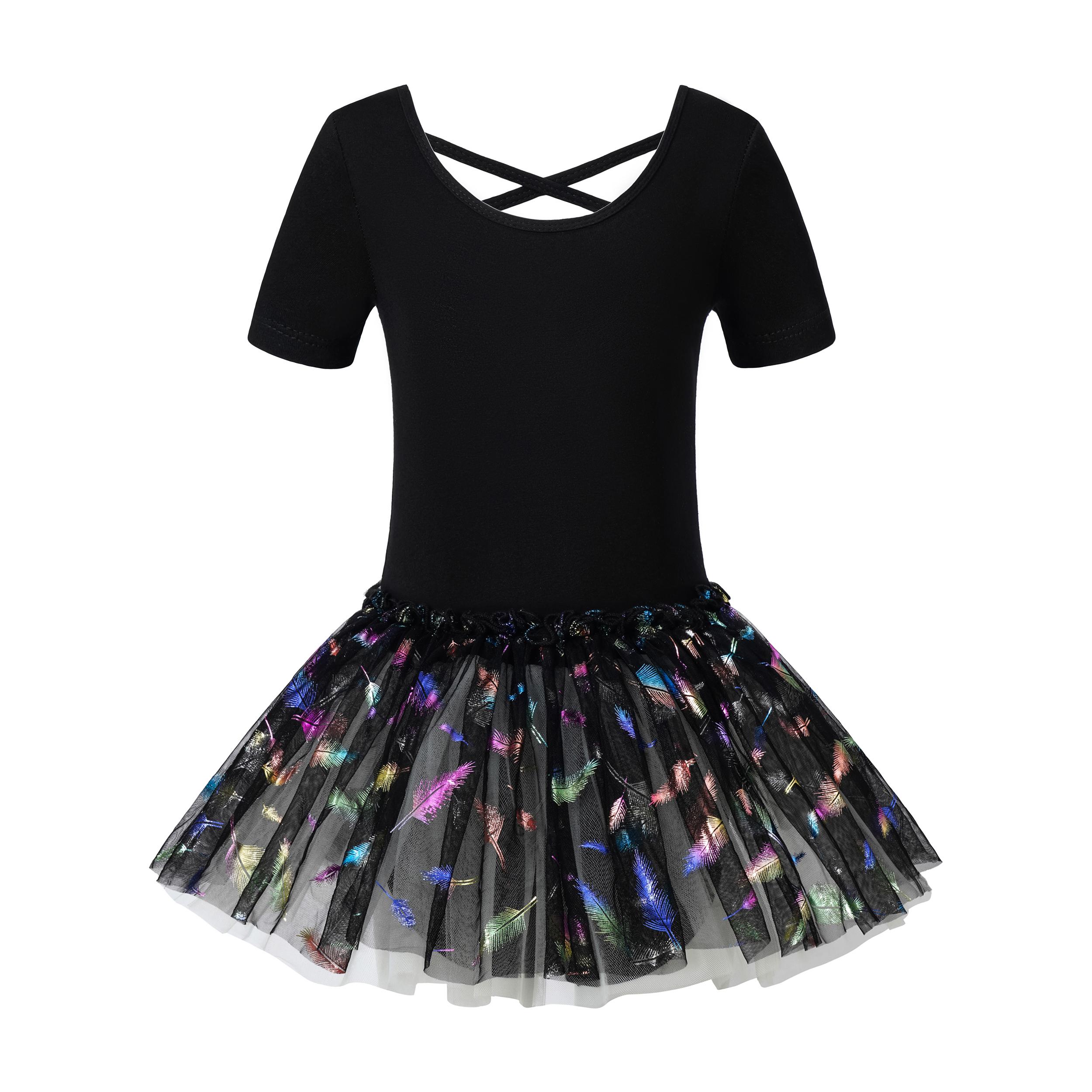 Танцевальная пачка для девочек, балетный купальник с коротким рукавом и перекрещивающимися бретелями на спине, танцевальное платье ,(Малыш/Маленькая девочка/Большая девочка) S чёрный