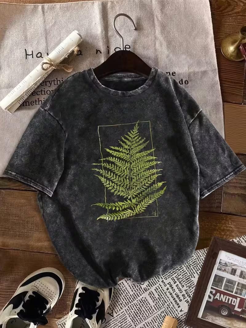 Vintage Washed Tshirt with Fern Leaf Botanical Print Soft Relaxed Fit Short Sleeve Round Neck Casual TopFern Leaf Shirt S
Vintage Washed Tshirt with Fern Leaf Botanical Print Soft Relaxed Fit Short Sleeve Round Neck Casual TopFern Leaf Shirt S