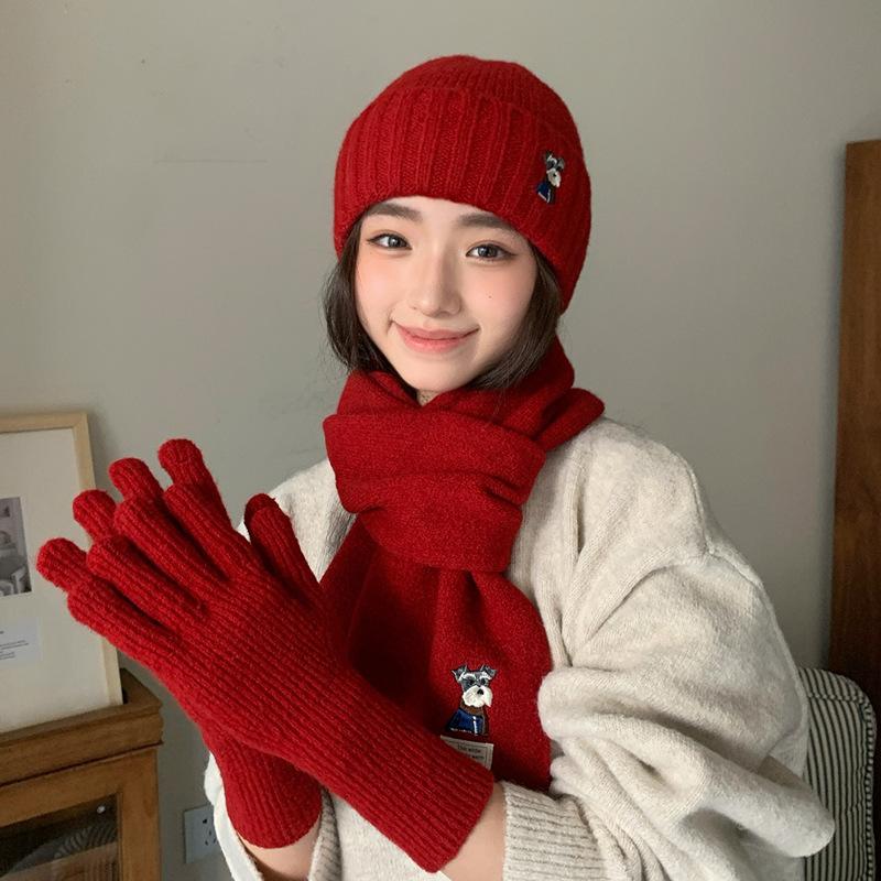 Embroidered Puppy Knitted Hat Scarf Gloves Three-Piece Set for Women Winter Warmth Earflap Beanie OneSize
Embroidered Puppy Knitted Hat Scarf Gloves Three-Piece Set for Women Winter Warmth Earflap Beanie OneSize