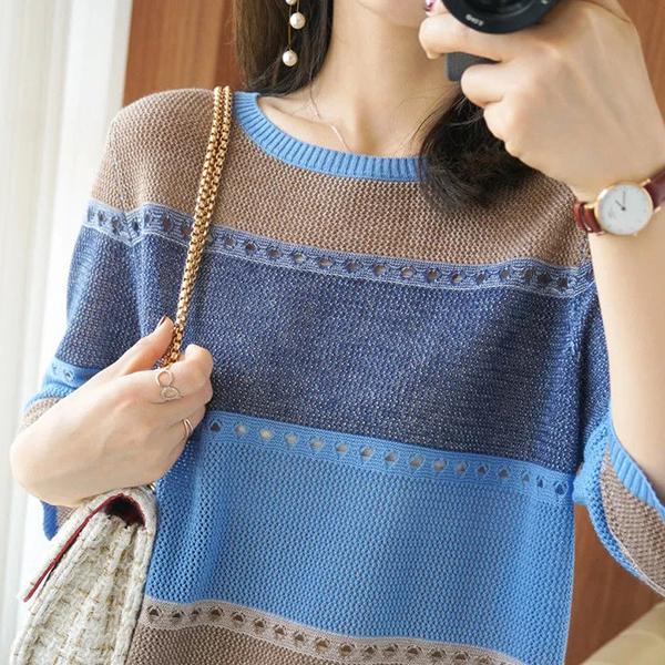 Женский тонкий вязаный свитер большого размера на весну и осень, свободный полосатый пуловер с короткими рукавами и круглым воротником, свитер One Size синий
Женский тонкий вязаный свитер большого размера на весну и осень, свободный полосатый пуловер с короткими рукавами и круглым воротником, свитер One Size синий